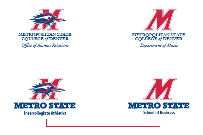 Department logo examples include: Formal Mbird Metropolitan State College of Denver Office of Alumni Relations, Formal M Metropolitan State College of Denver Department of Music, Informal Mbird Metro State Intercollegiate Athletics, and Informal M Metro State School of Business.