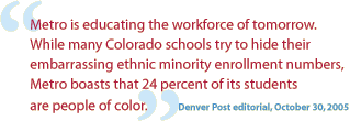 Metro is educating the workforce of tomorrow.  While many Colorado schools try to hide their embarrassing ethnic minority enrollment numbers, Metro boasts that 24 percent of its students are people of color.  Quotation from Denver Post editorial, October 30, 2005.